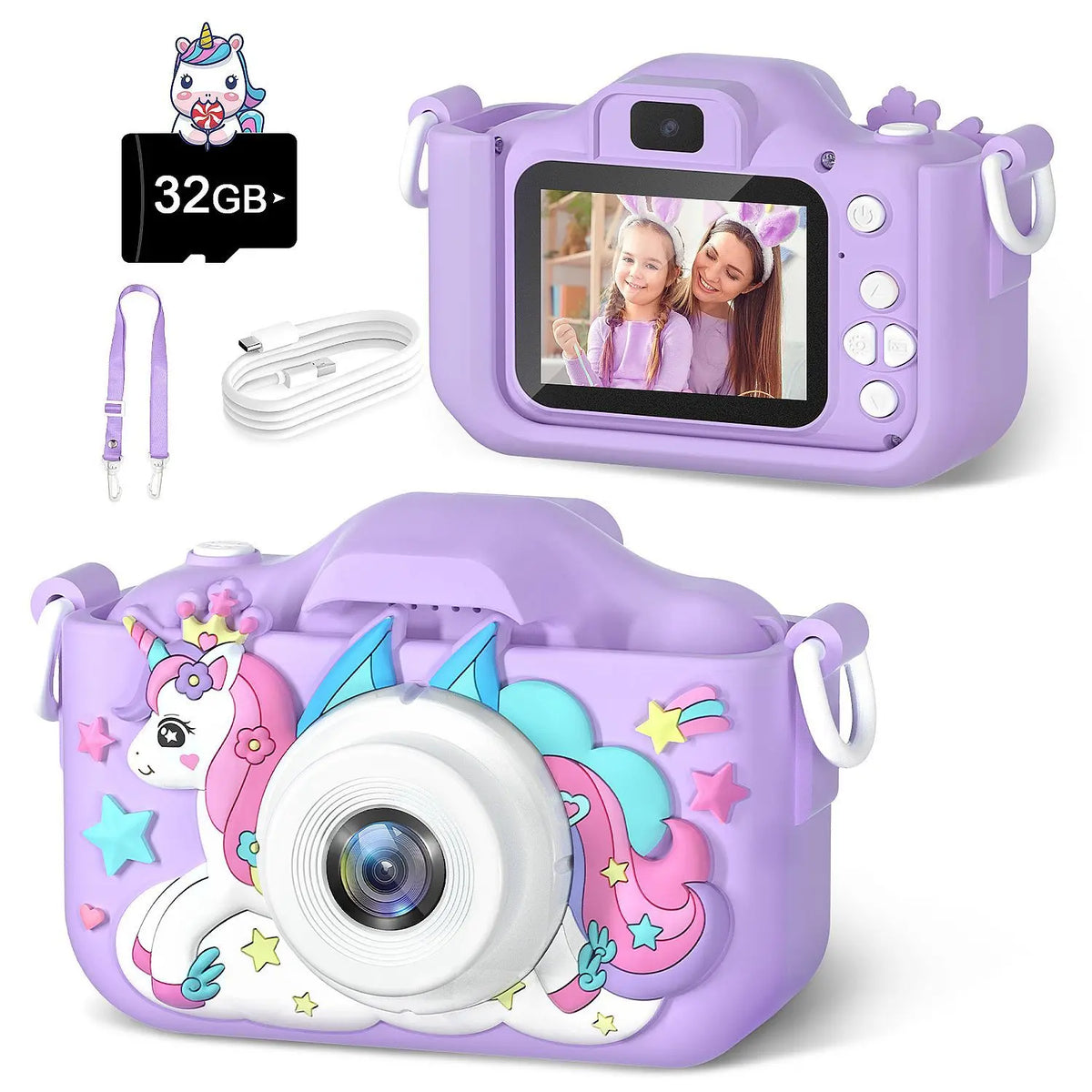 Appareil photo enfant licorne UniCam™ violet, vues avant et arrière avec écran, accompagné d’une carte mémoire 32 Go, d’un câble USB et d’un cordon.