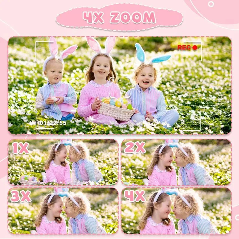 Illustration du zoom de l’appareil photo enfant UniCam™ montrant une scène au jardin et des cadrages comparatifs de 1× à 4×.