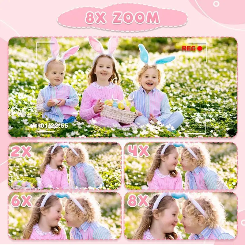 Illustration du zoom de l’appareil photo enfant UniCam™ montrant des cadrages rapprochés de deux enfants, de 2× à 8×.