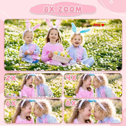 Illustration du zoom de l’appareil photo enfant UniCam™ montrant des cadrages rapprochés de deux enfants, de 2× à 8×.