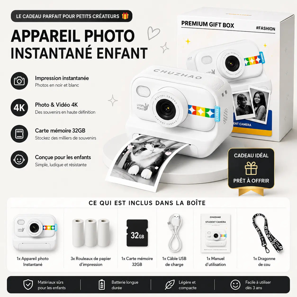 Appareil photo instantané enfant FirstCamera dans sa boîte cadeau premium
