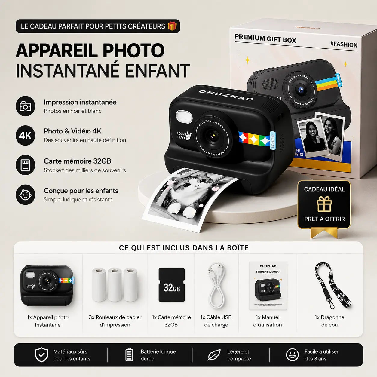 Appareil photo instantané enfant FirstCamera dans sa boîte cadeau premium
