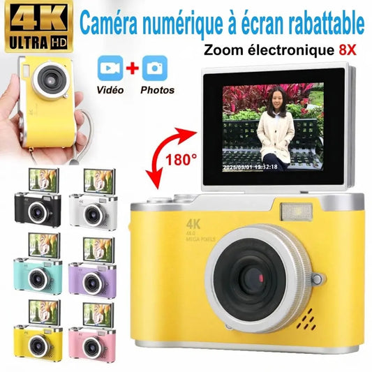 Appareil photo numérique enfant StudentCam jaune avec écran rabattable, accompagné d’un aperçu des six coloris.