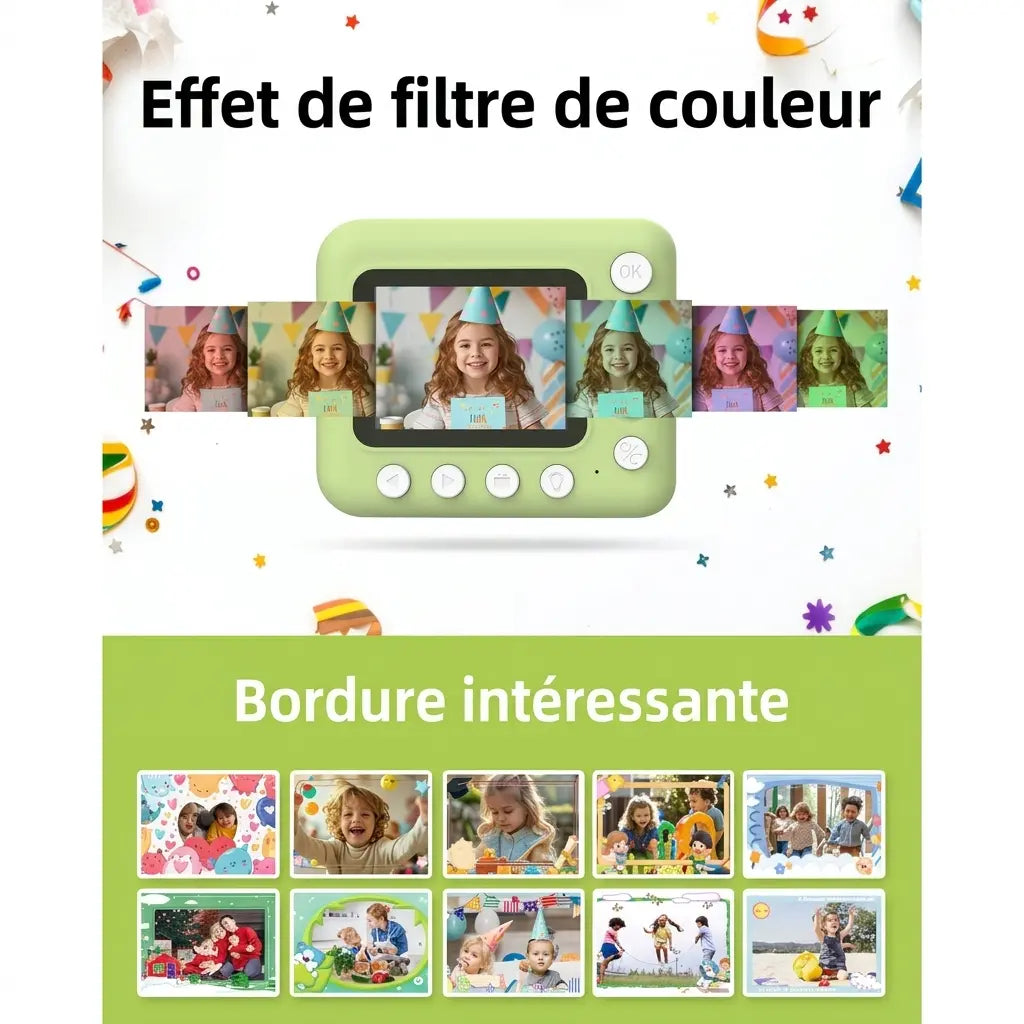 PrintJoy vert avec exemples de filtres colorés sur un portrait et de cadres décoratifs pour personnaliser les photos.