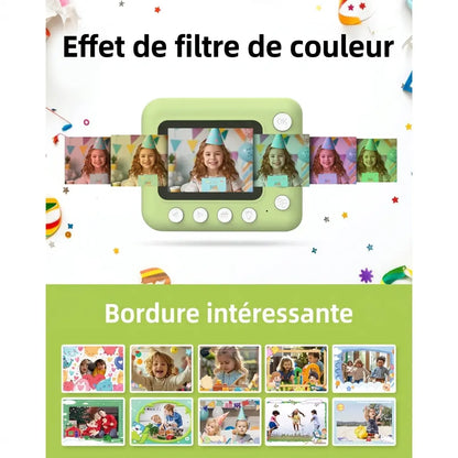 PrintJoy vert avec exemples de filtres colorés sur un portrait et de cadres décoratifs pour personnaliser les photos.
