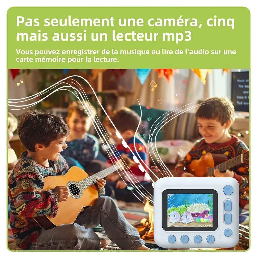 Présentation du lecteur MP3 de PrintJoy bleu, avec des enfants jouant de la guitare et des notes de musique illustrées.