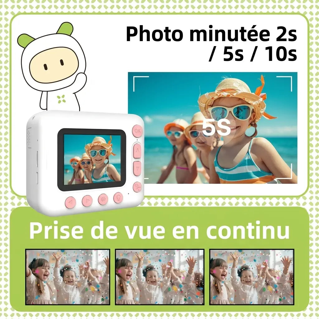 Illustration du retardateur de PrintJoy à 2, 5 et 10 secondes et de la prise de vue en continu.