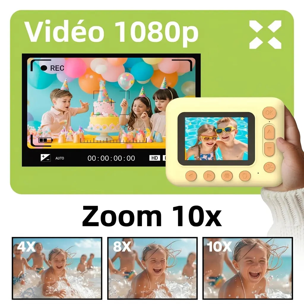 Présentation de la vidéo 1080p et du zoom numérique de PrintJoy jaune, avec exemples d’agrandissement à 4x, 8x et 10x.