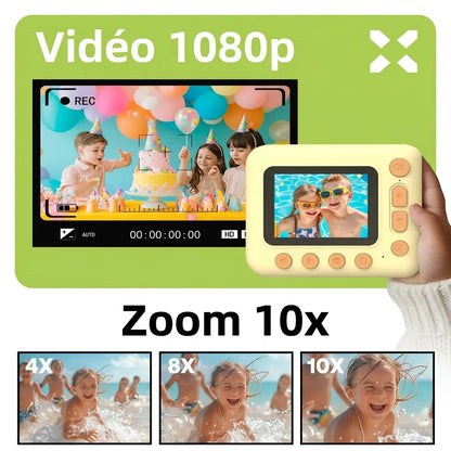 Présentation de la vidéo 1080p et du zoom numérique de PrintJoy jaune, avec exemples d’agrandissement à 4x, 8x et 10x.