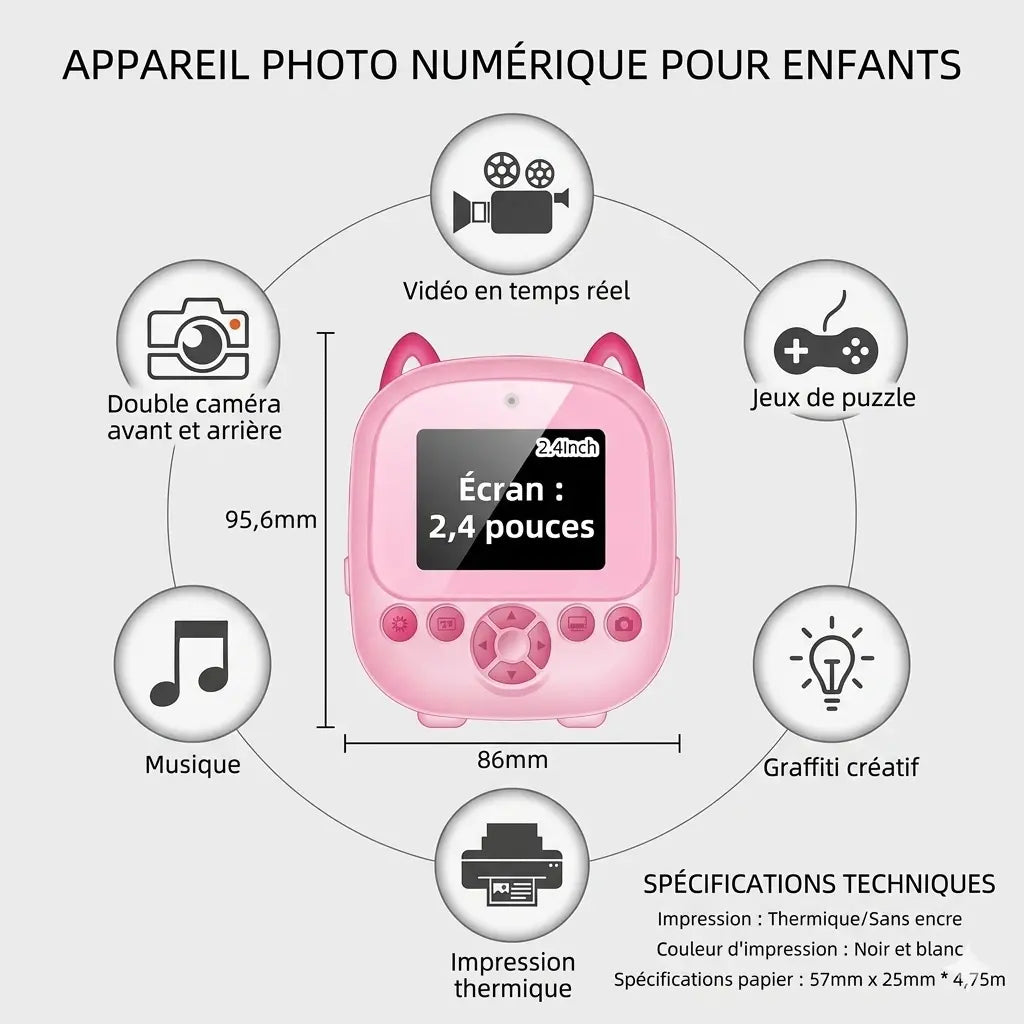 Infographie de PrintPix™ rose présentant l’écran, les dimensions et les fonctions photo, vidéo et impression thermique.