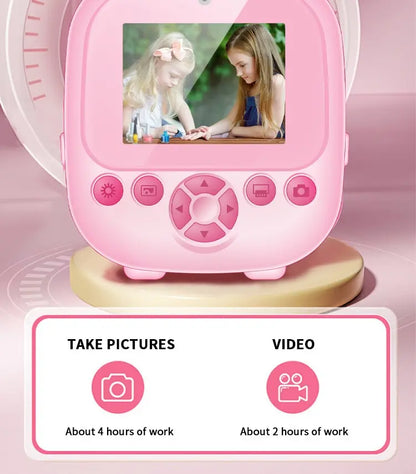 Vue arrière de PrintPix™ rose avec écran couleur et présentation des modes photo et vidéo.