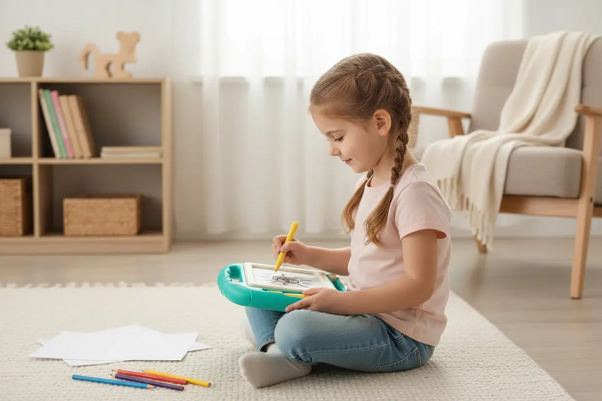 Ardoise magique EduPlay verte utilisée par une enfant pour une activité créative sans écran