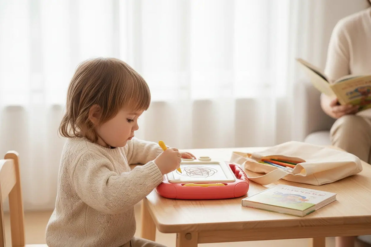 Ardoise magique EduPlay rouge utilisée par un enfant pour dessiner sans écran lors d’un déplacement