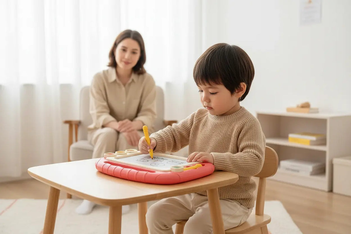 Ardoise magique EduPlay rouge utilisée par un enfant pour dessiner sans écran à la maison