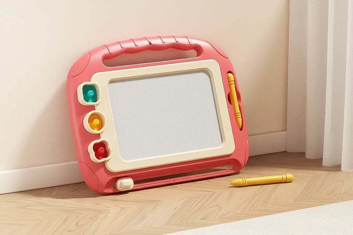 Ardoise magique EduPlay rouge avec stylet présentée sur une surface en bois clair
