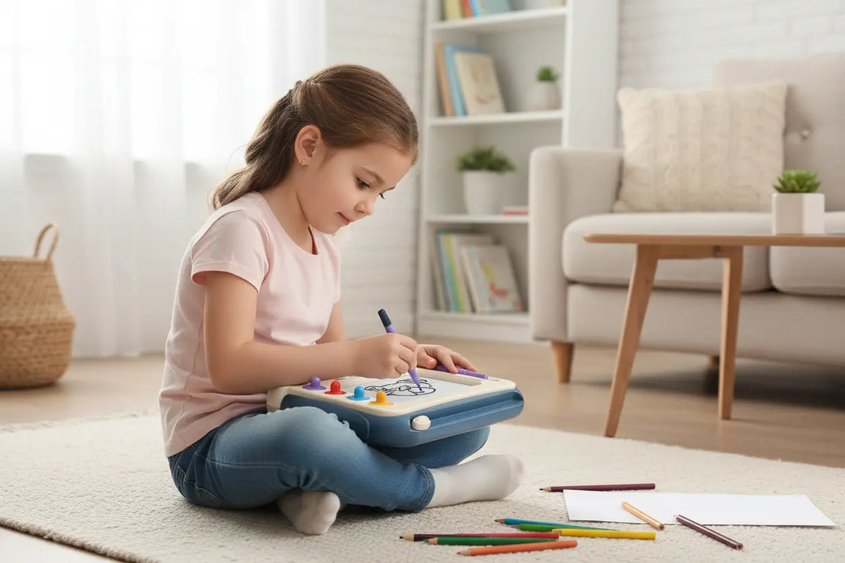 Ardoise magique MagiDraw bleue utilisée par une enfant pour une activité créative sans écran