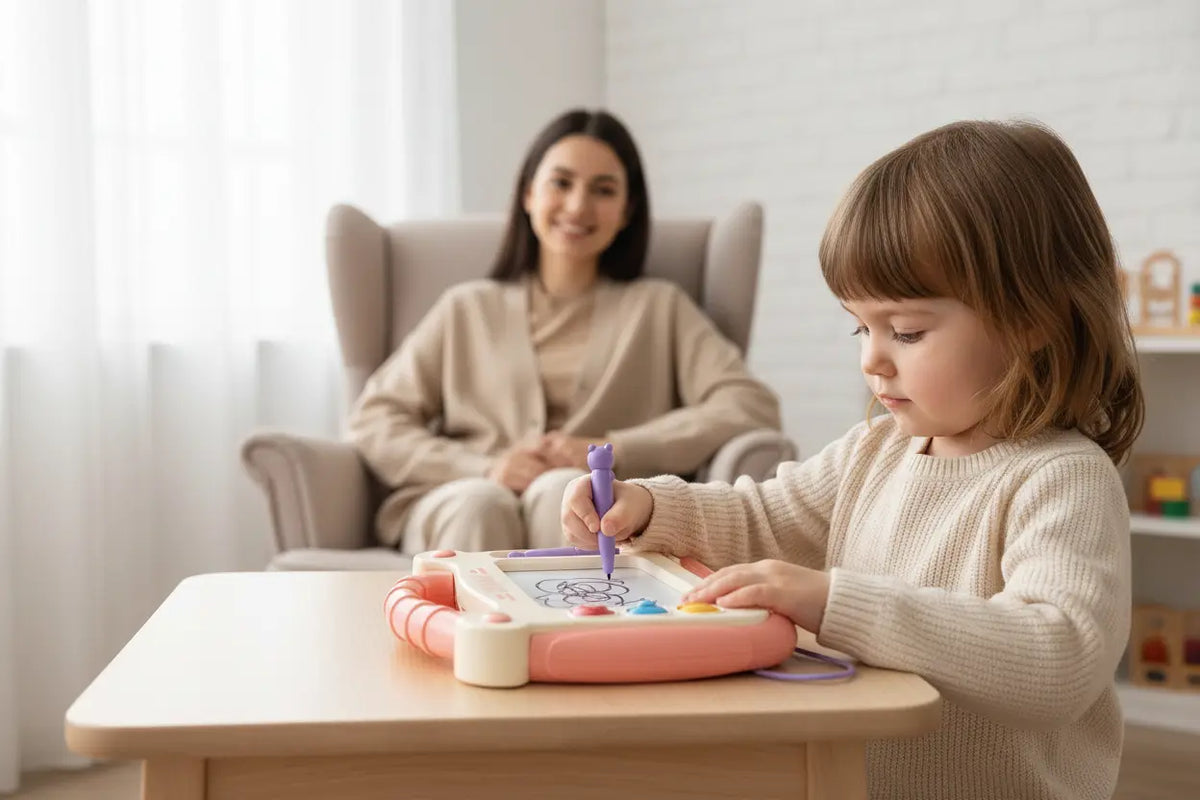 Ardoise magique MagiDraw rose utilisée par un enfant pour dessiner sans écran