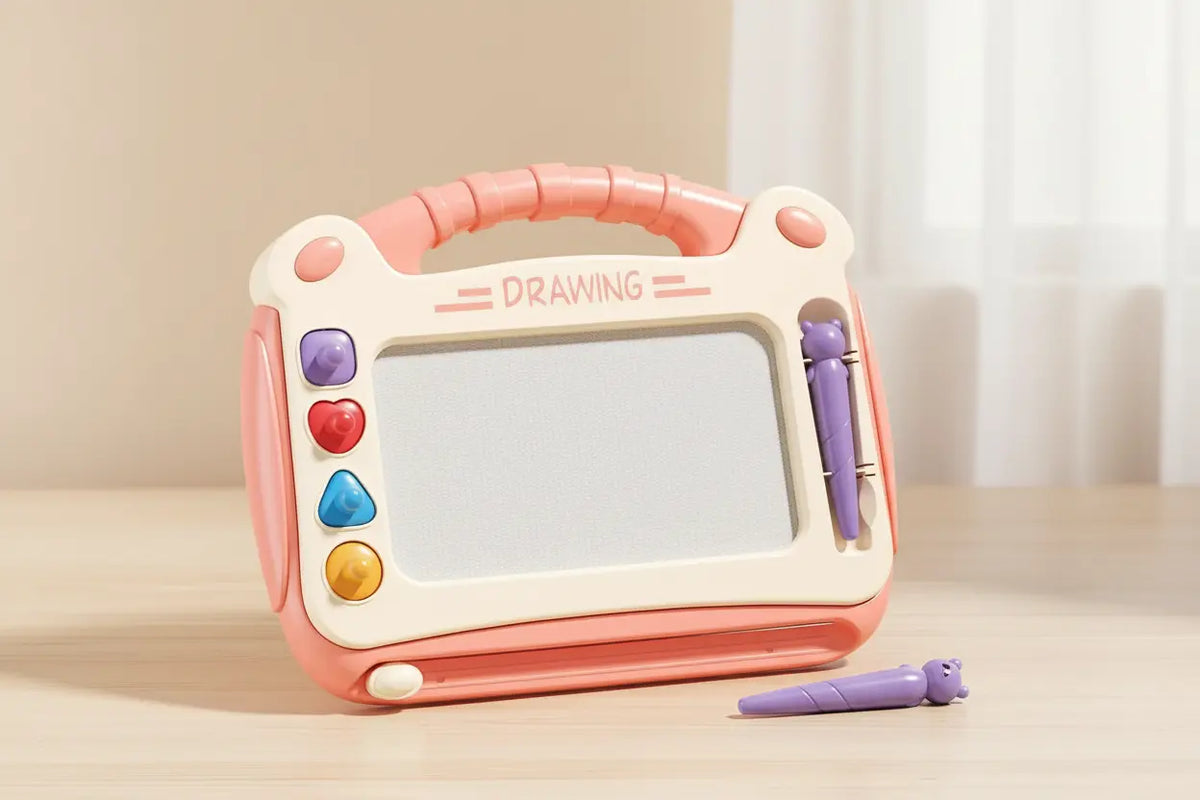 Ardoise magique MagiDraw rose avec stylet présentée sur une surface en bois clair