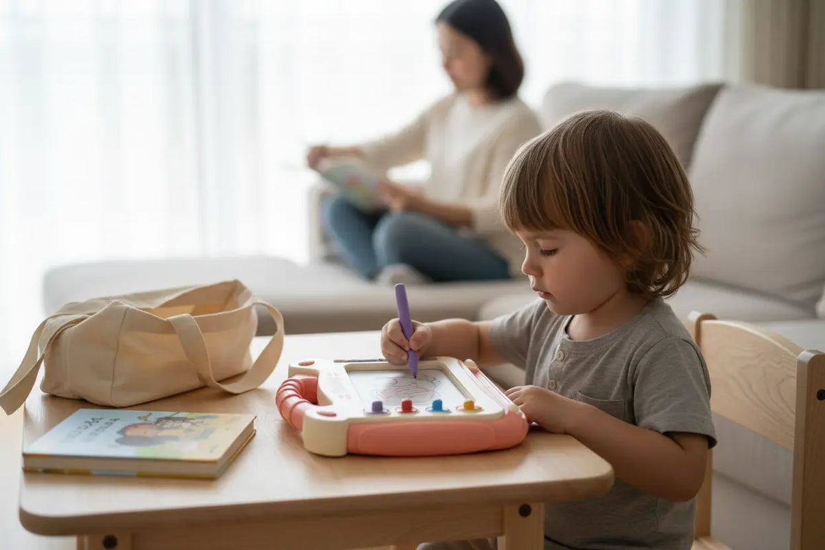 Ardoise magique MagiDraw rose utilisée par un enfant pour dessiner sans écran lors d’un déplacement