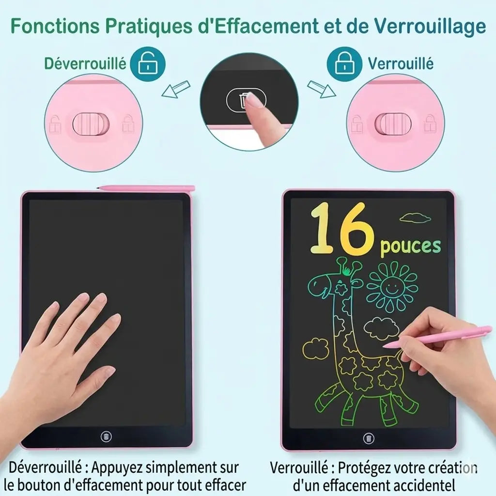 Ardoise magique enfant multicolore : un format vertical de 16 pouces , fonctionnalités