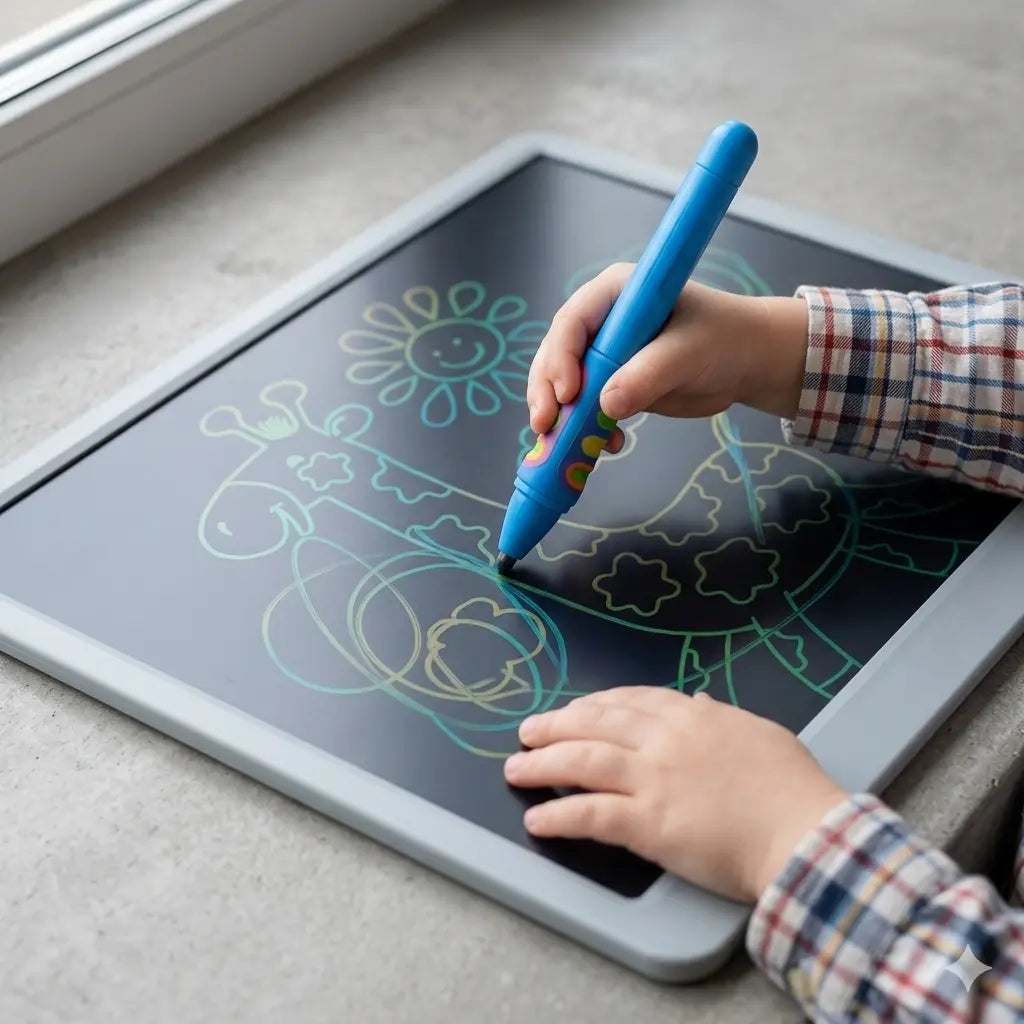 Enfant de 2 ans dessinant sur une ardoise magique magnétique grand format