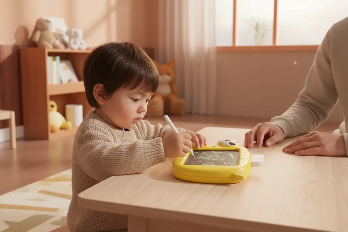 Enfant dessinant sur l’ardoise magique pour bébé Petit-Artisto avec un adulte à proximité