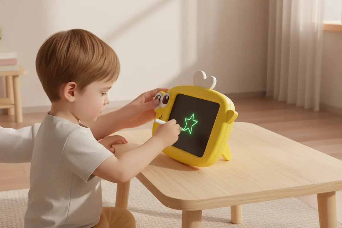 Enfant dessinant avec le stylet sur une ardoise magique pour bébé Petit-Artisto accompagné par un adulte