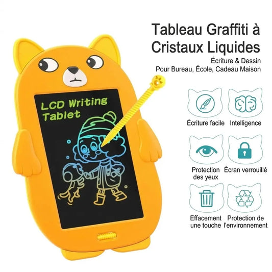 Ardoise LCD Croq’Ardoise™ jaune avec stylet, dessin d’un enfant et de son chien, et présentation des fonctions.