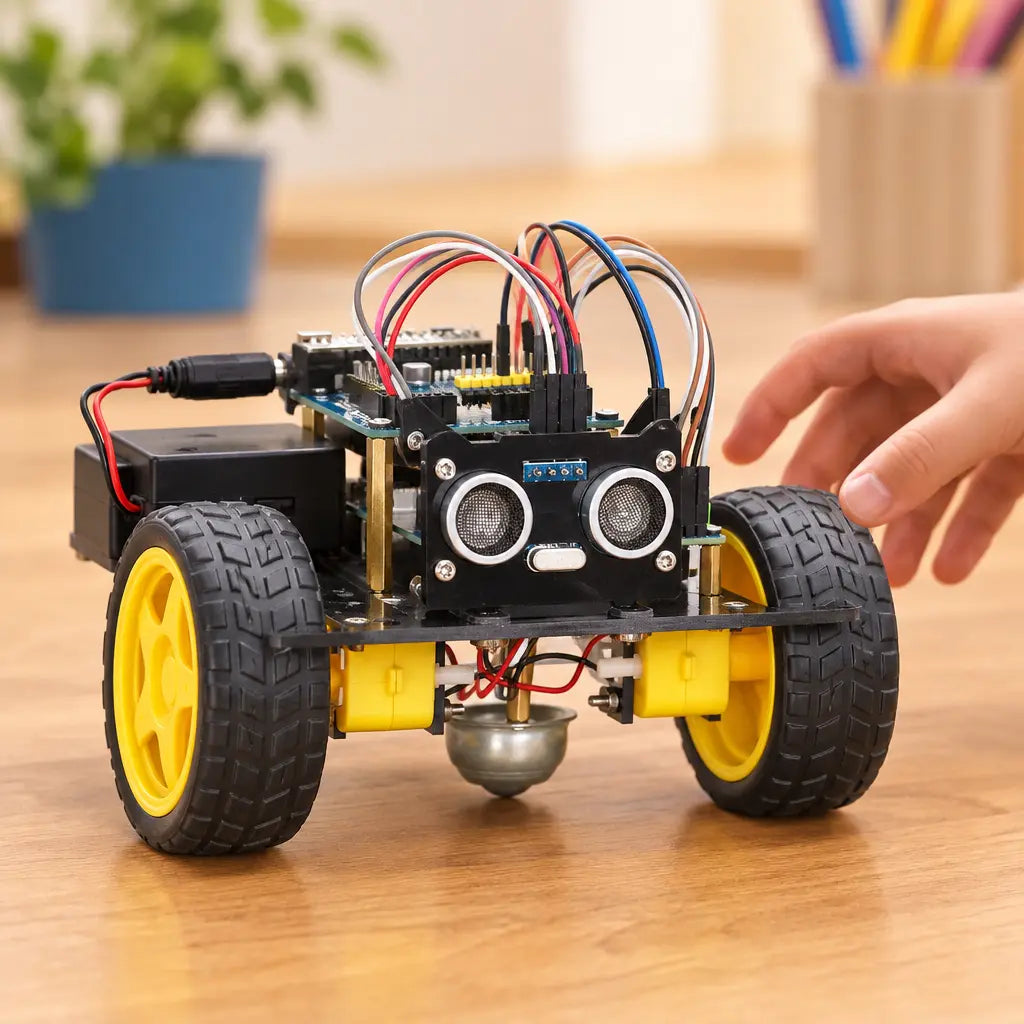 Carte et câblage du robot ArduRover assemblé, près de ses roues.