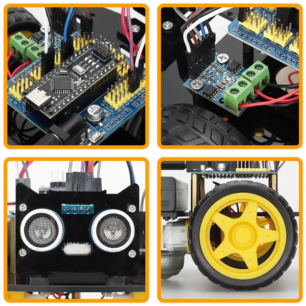 Quatre détails d’ArduRover™ montrant la carte électronique, le câblage, le capteur à ultrason et une roue jaune.