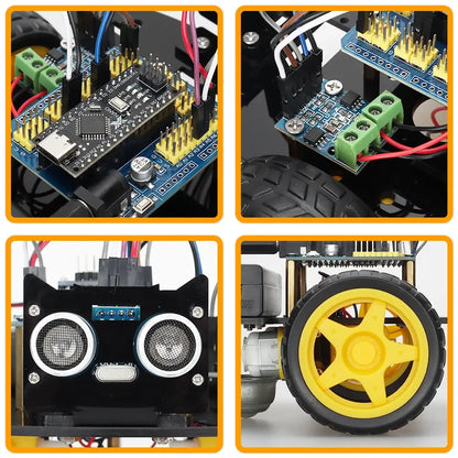 Quatre détails d’ArduRover™ montrant la carte électronique, le câblage, le capteur à ultrason et une roue jaune.