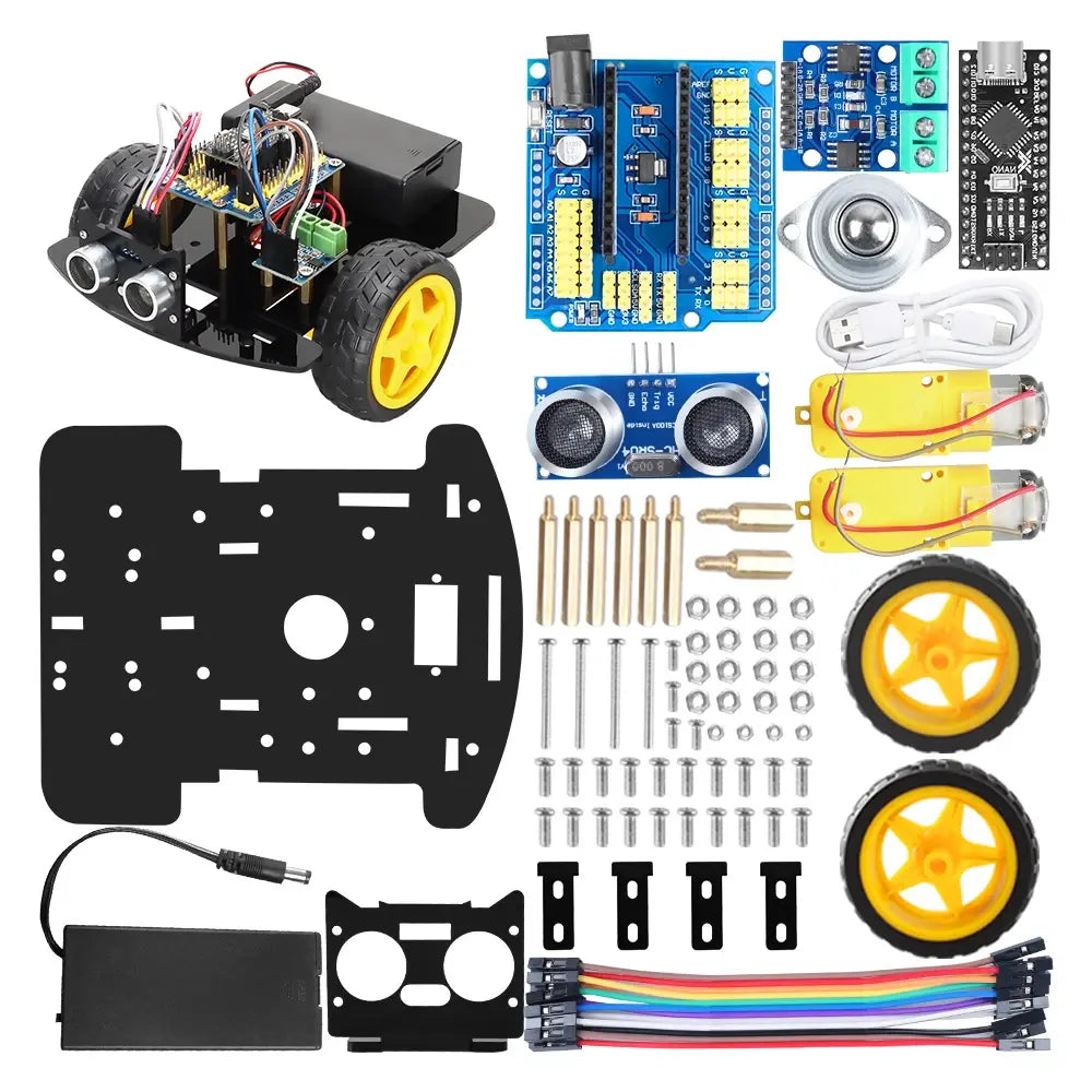 Kit robot Arduino ArduRover™ : pièces détachées, roues jaunes, cartes électroniques et robot assemblé.