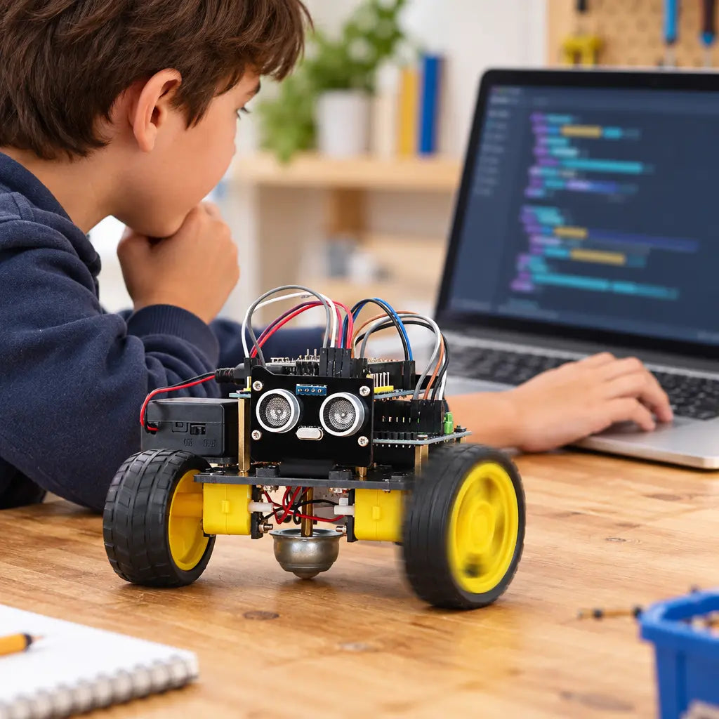 Enfant observant ArduRover lors d’un premier essai de programmation près d’un ordinateur.
