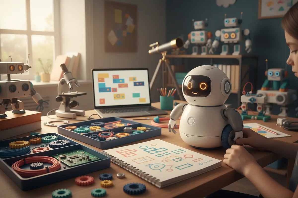 Enfant assemblant un robot éducatif dans un atelier lumineux avec kit robotique et programmation par blocs