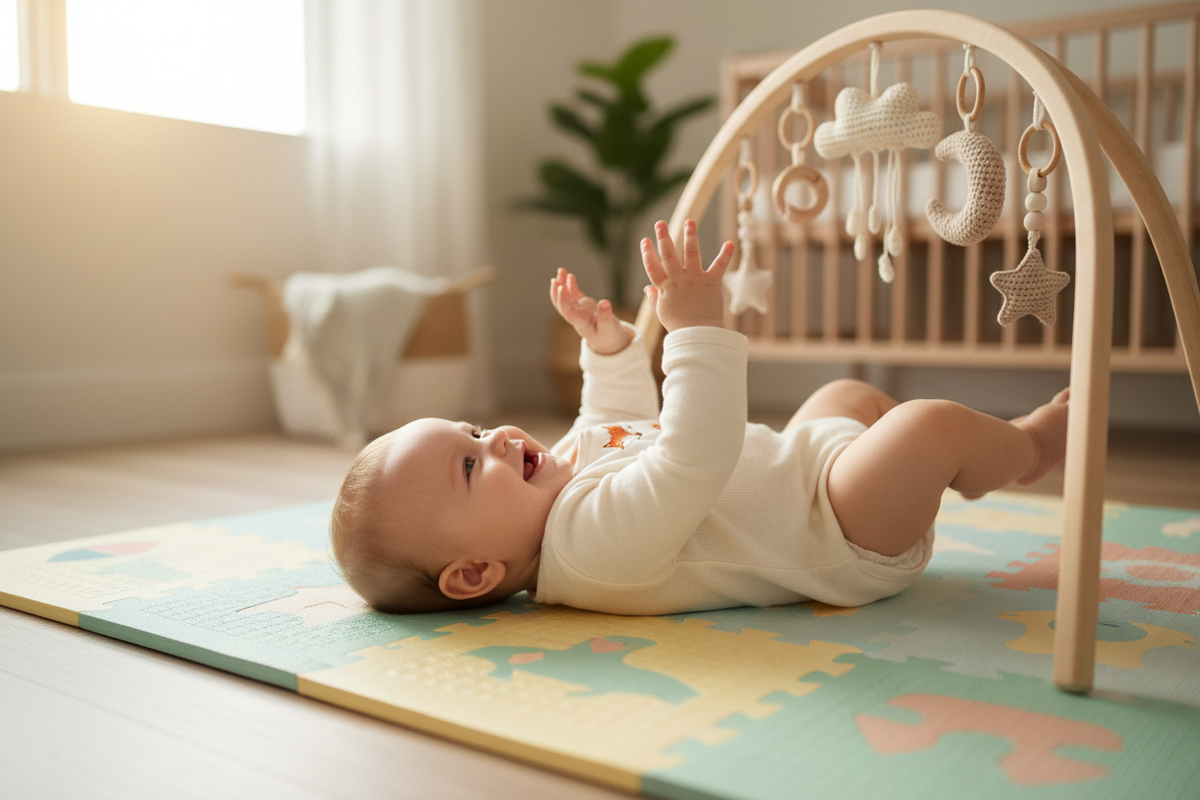 Bébé allongé sur le tapis d'éveil, souriant