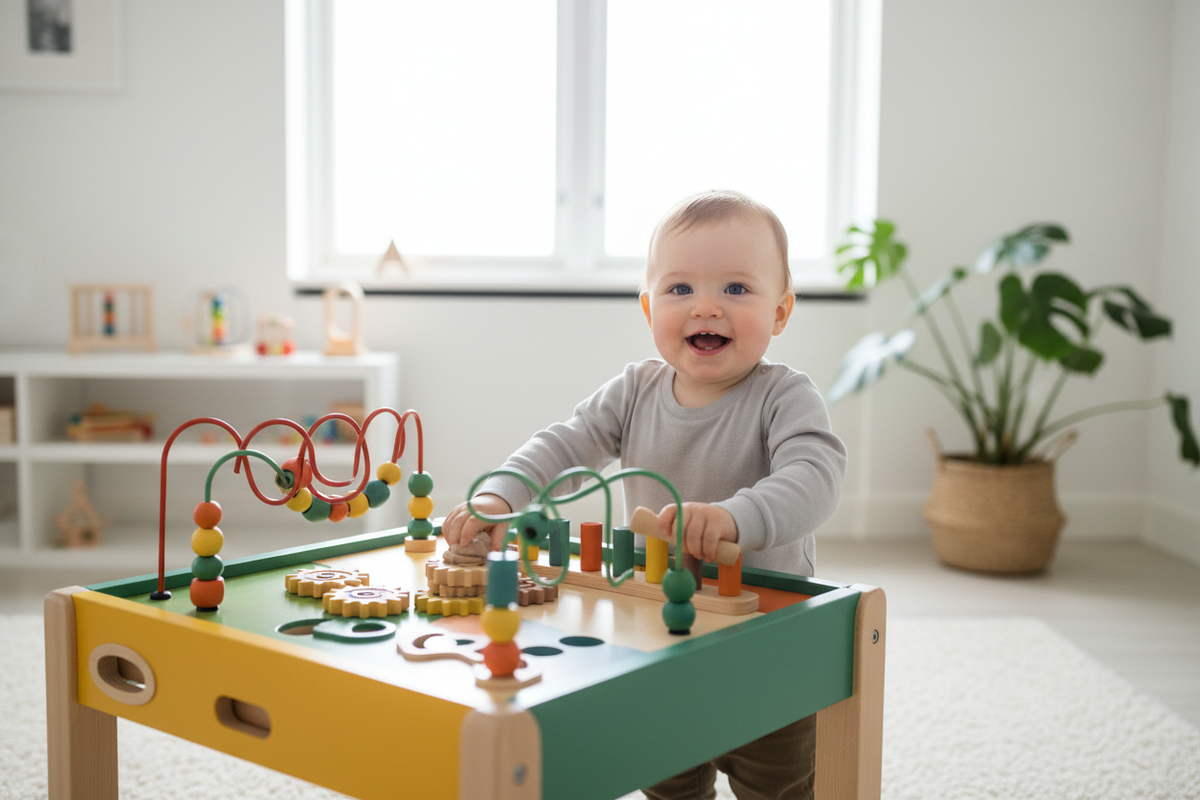 Bébé debout devant sa table d'activité