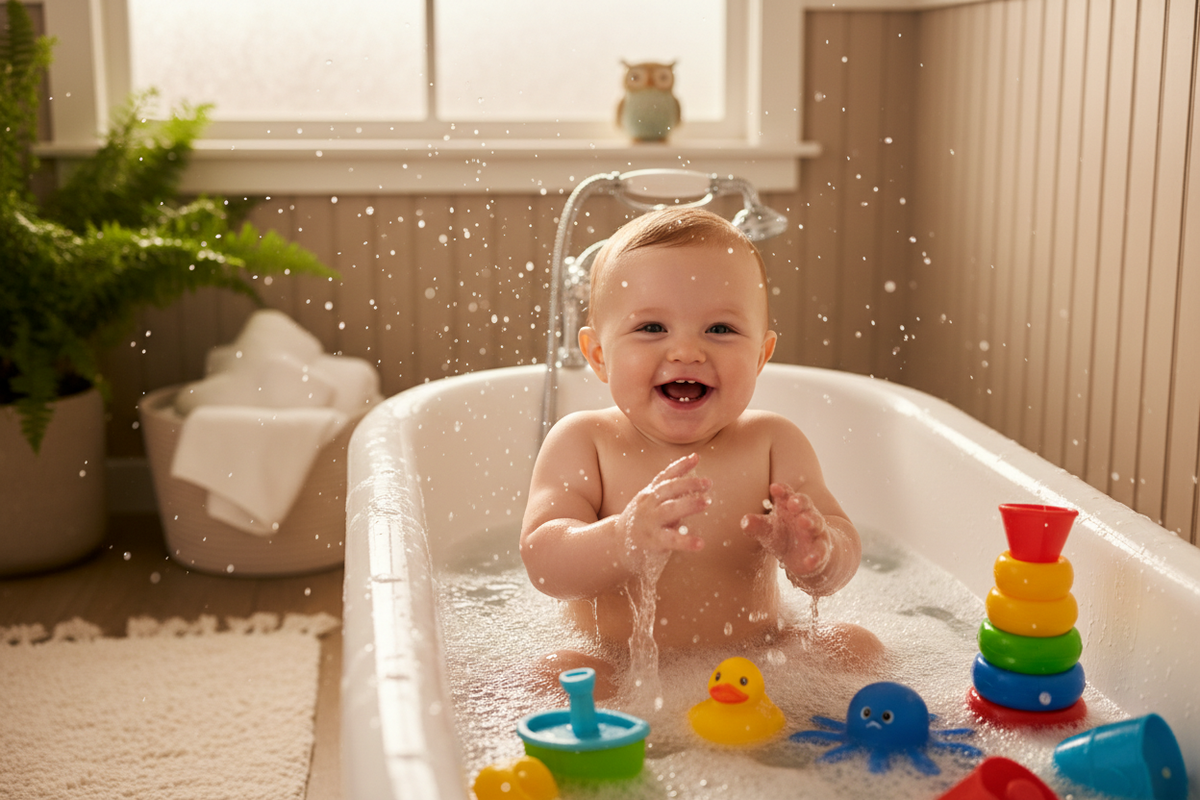 Bébé souriant jouant dans le bain avec des jouets