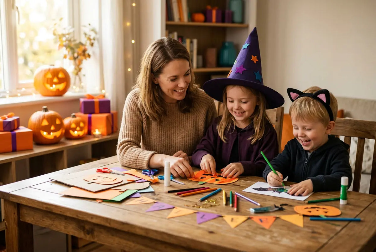 Deux enfants déguisés créent des décorations d’Halloween avec un parent autour d’une table, près de citrouilles lumineuses.