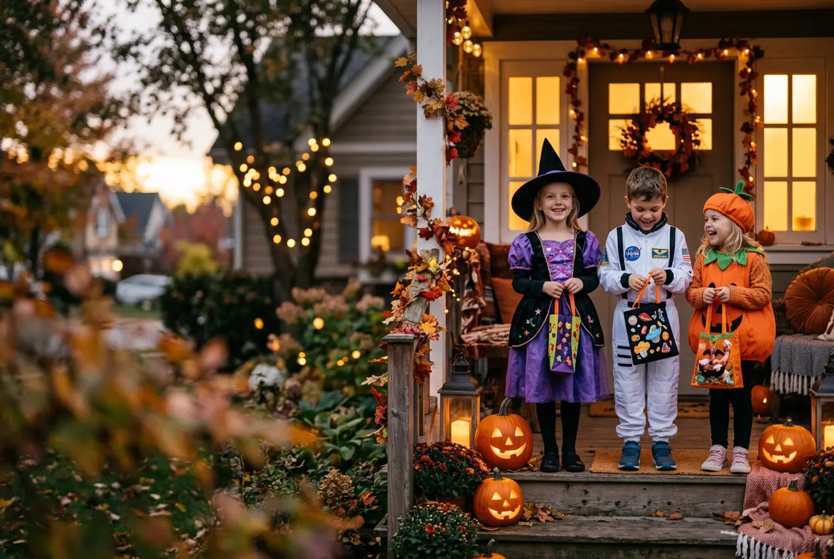 Enfants déguisés souriants devant une maison décorée de citrouilles lumineuses à la tombée du jour.