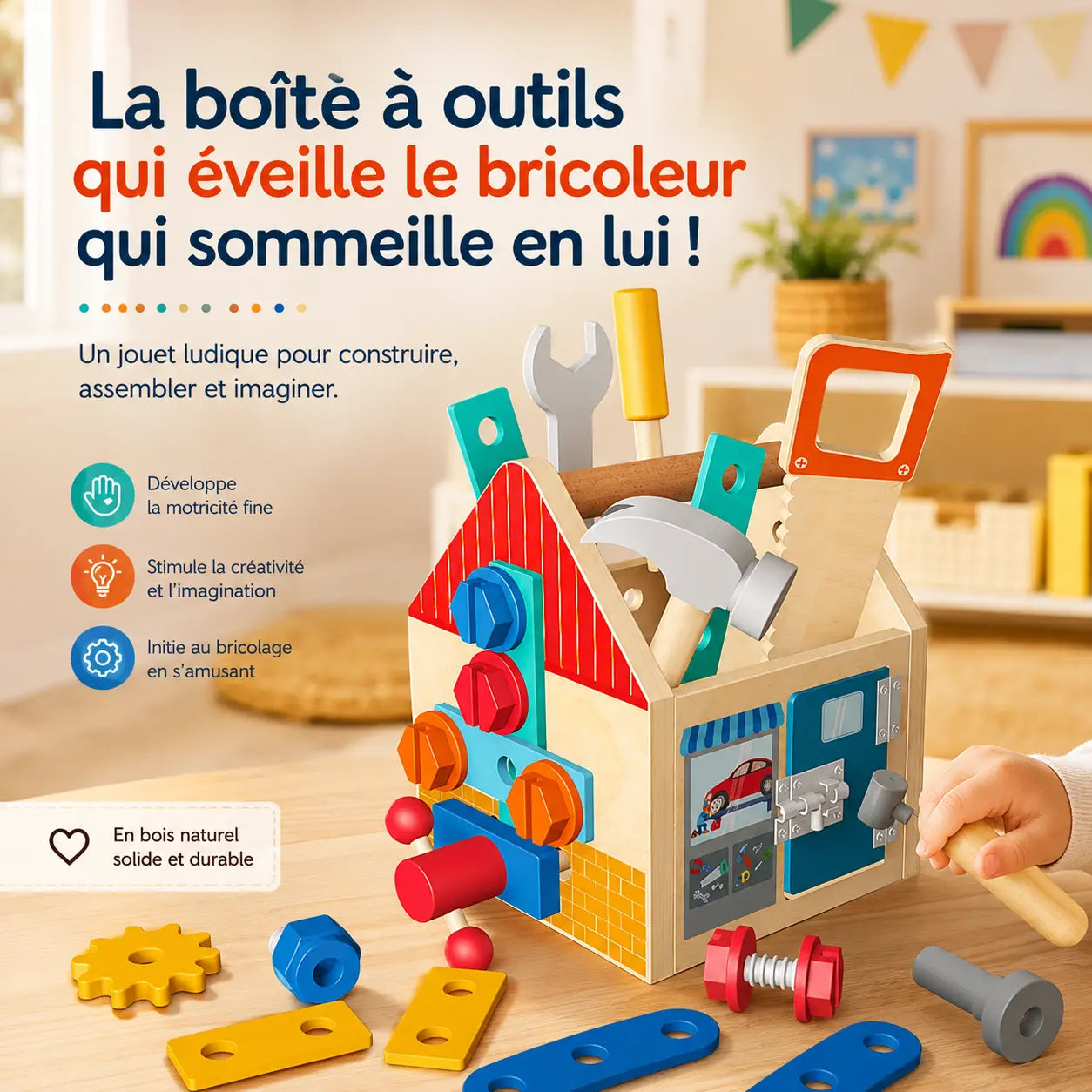 Boîte à outils en bois Montessori avec marteau, tournevis et engrenages ToolBox - Petit Curio