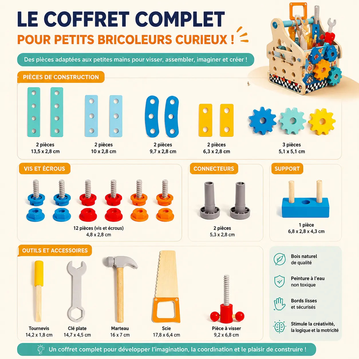 Boîte à outils en bois Montessori avec marteau, tournevis et engrenages ToolBox - Petit Curio