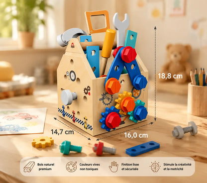 Boîte à outils en bois Montessori avec marteau, tournevis et engrenages ToolBox - Petit Curio