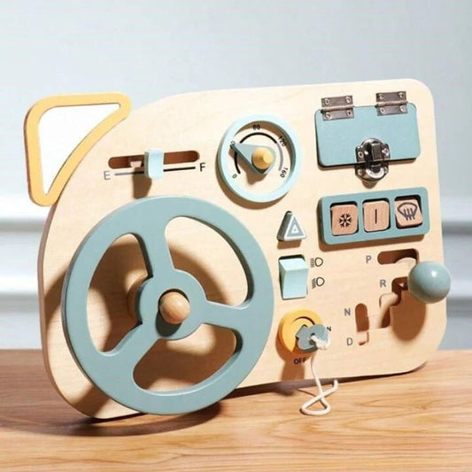 Busy board voiture PiloteJunior en bois avec volant et tableau de bord complet