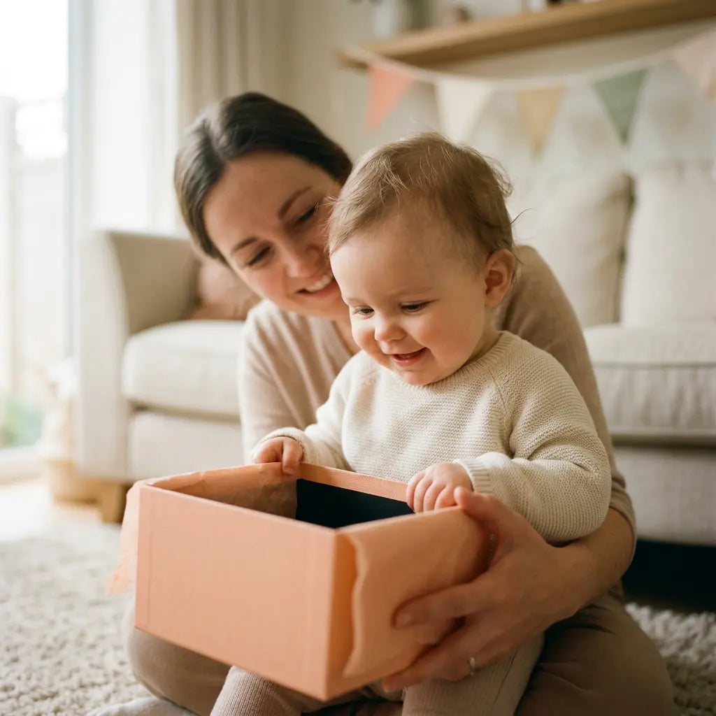 un enfant de 1 an découvrant un cadeau. Idée cadeau enfant 1 an : jouet éducatif