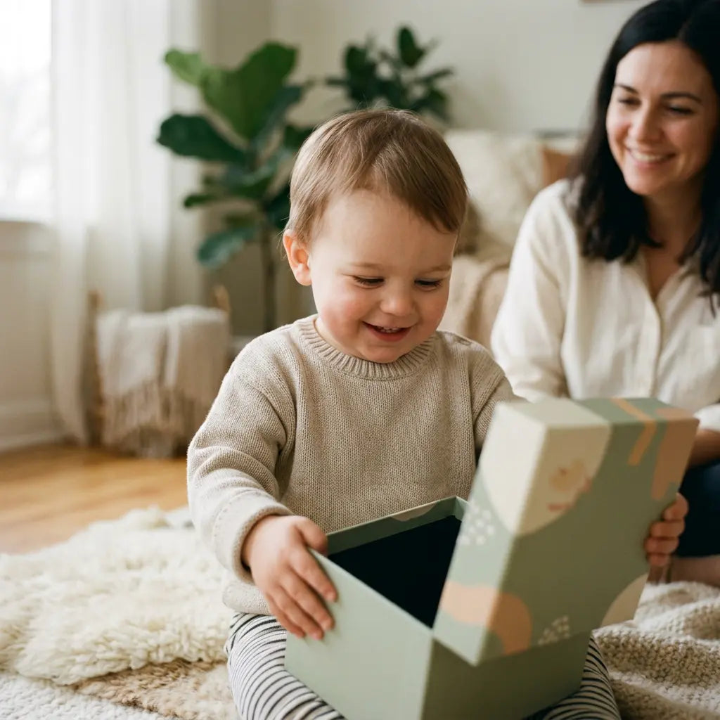 Gros plan d’un enfant de 2 ans découvrant un cadeau avec joie, auprès d’un parent dans un salon lumineux.