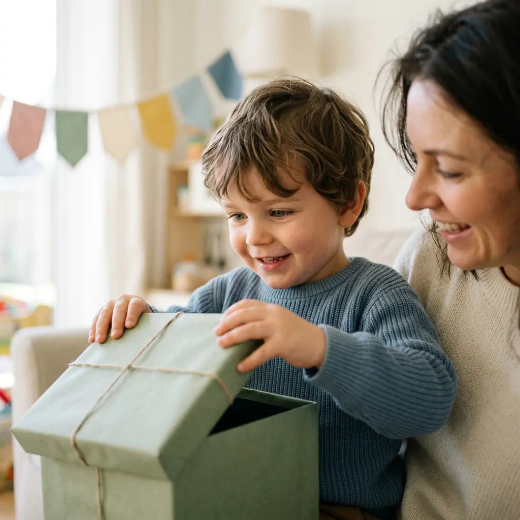 un enfant de 3 ans découvrant un cadeau . Idée cadeau enfant 3 ans : jouet éducatif