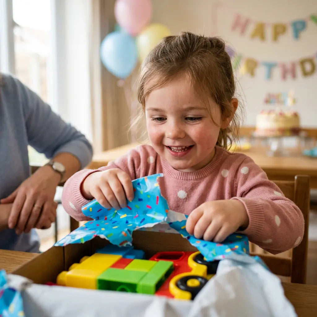 Gros plan d’un enfant déballant un cadeau. Idée cadeau enfant 4 ans : jouet éducatif