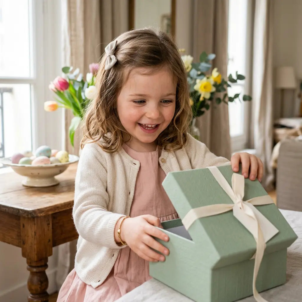 une petite fille heureuse découvrant un cadeau . Idée cadeau enfant 5 ans : jouet éducatif