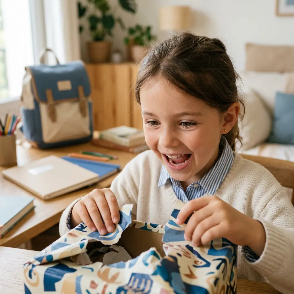 Gros plan d’un enfant découvrant avec joie un cadeau. Idée cadeau enfant 7 ans : jouet éducatif