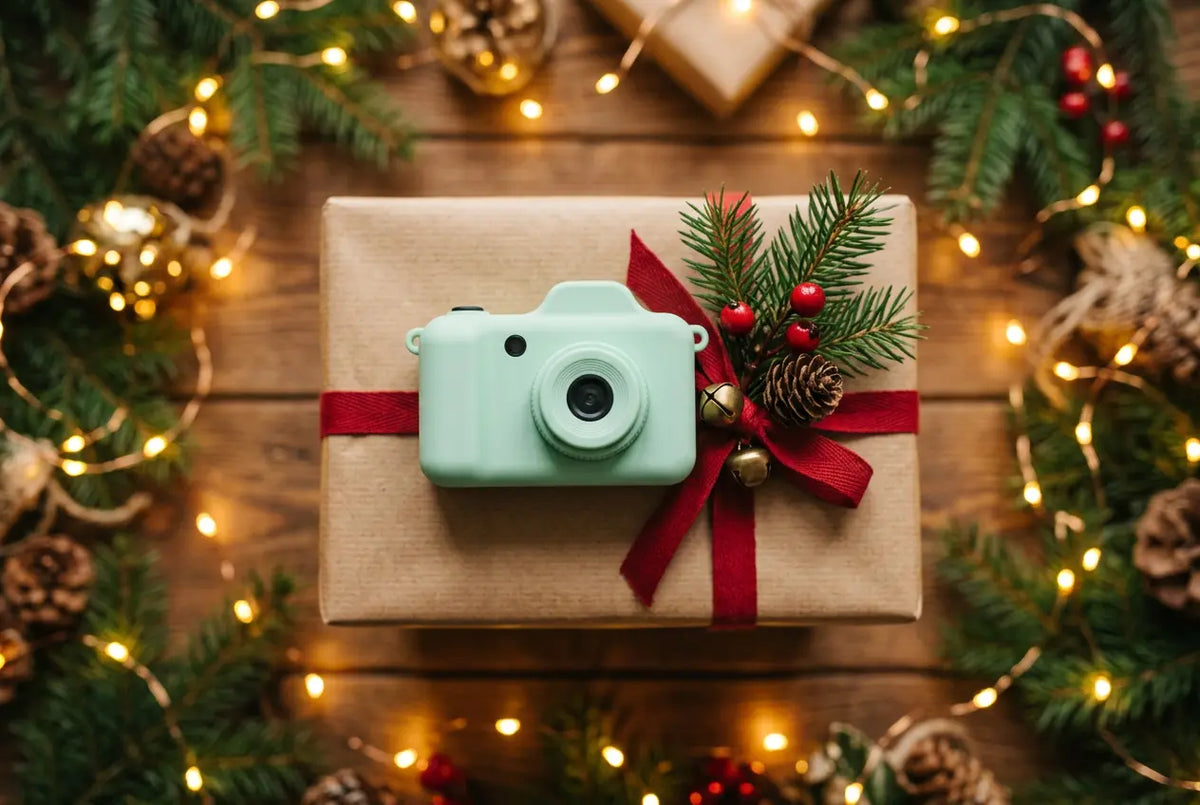 Appareil photo pour enfant posé près d’un cadeau de Noël emballé avec un ruban rouge
